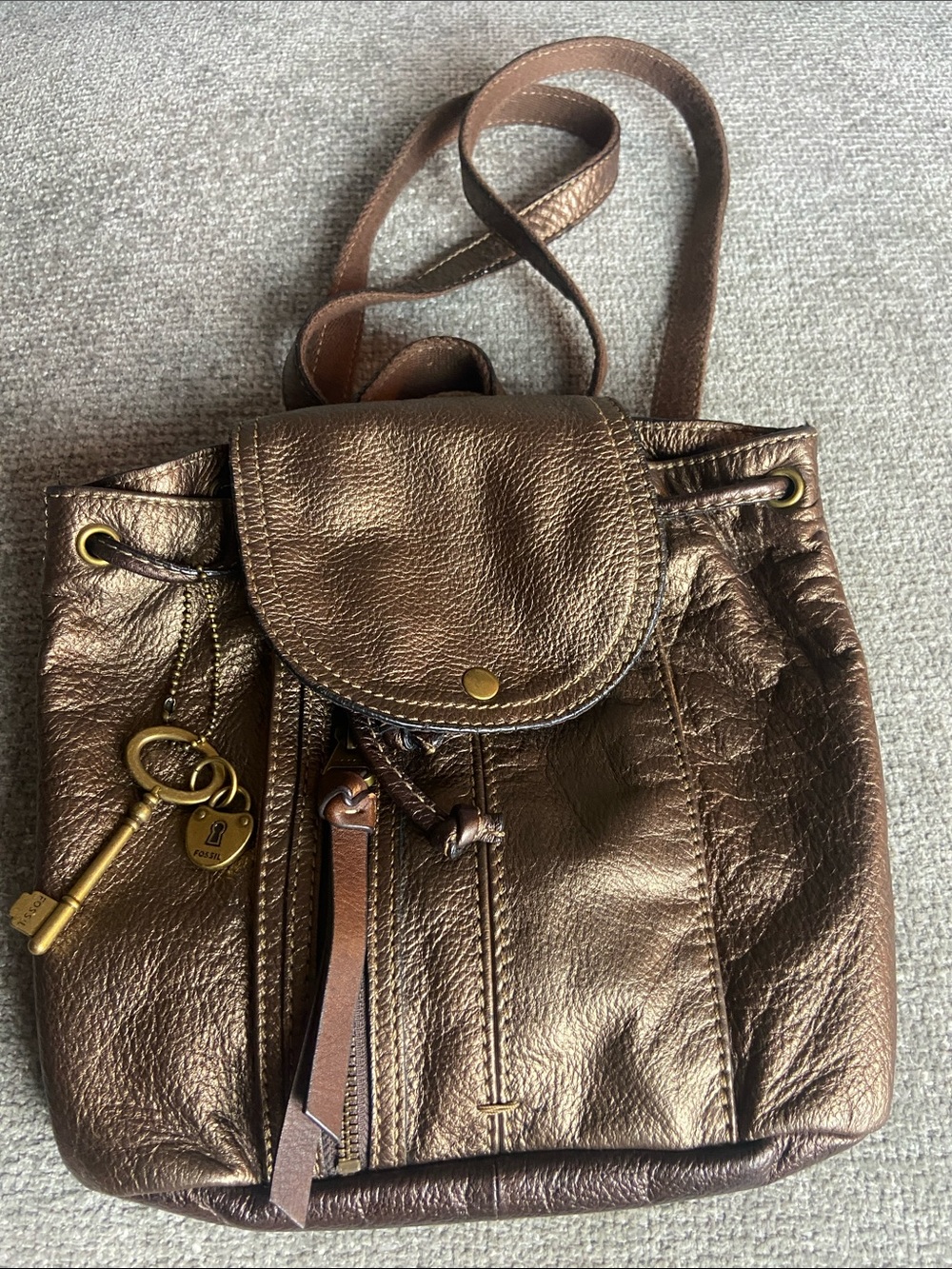 Fossil Metallic Bronze Brown Leather Crossbody with Key Charm